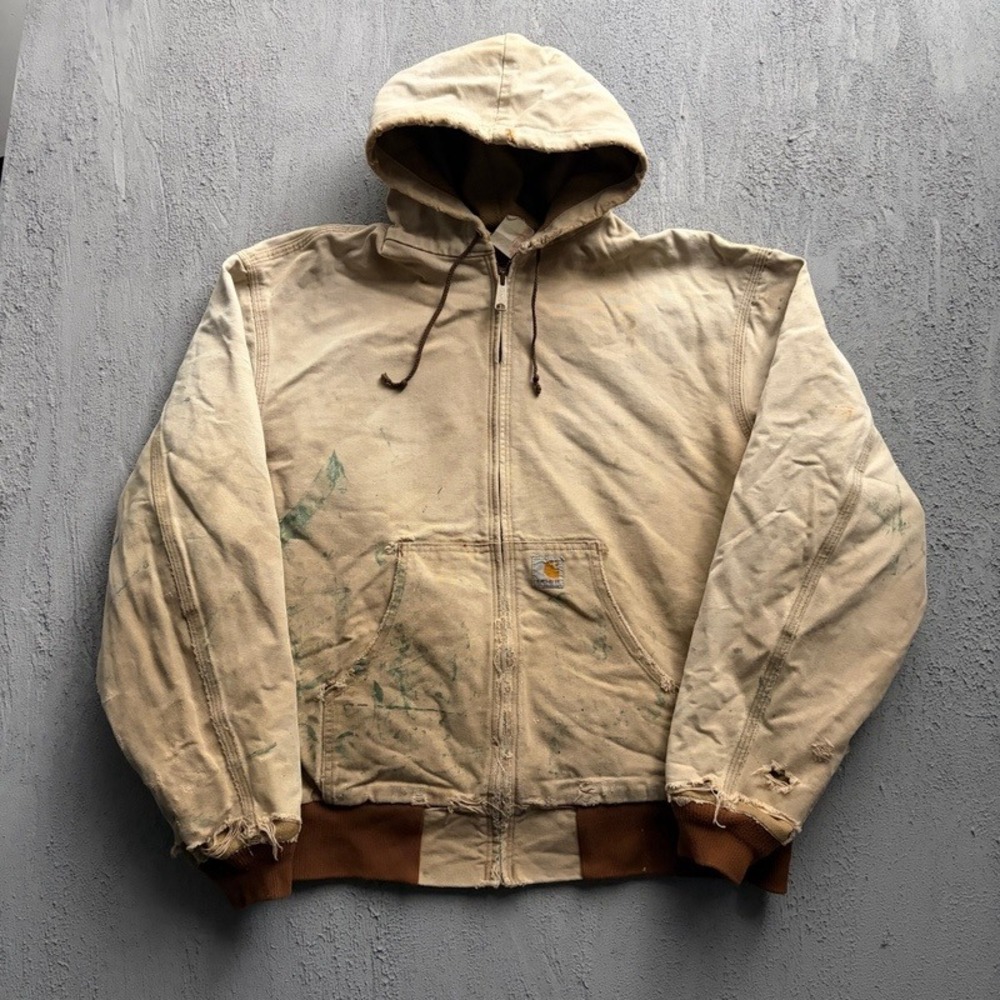 Vintage Carhartt Hooded Jacket XXL Tan 1990s Distressed Paint Splatter USA
